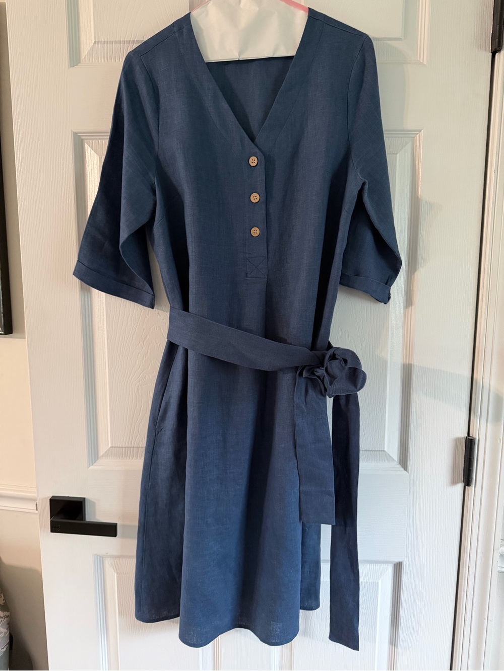 Emme maternity linen V-Neck Midi Dress with Waist Tie - Navy Blue